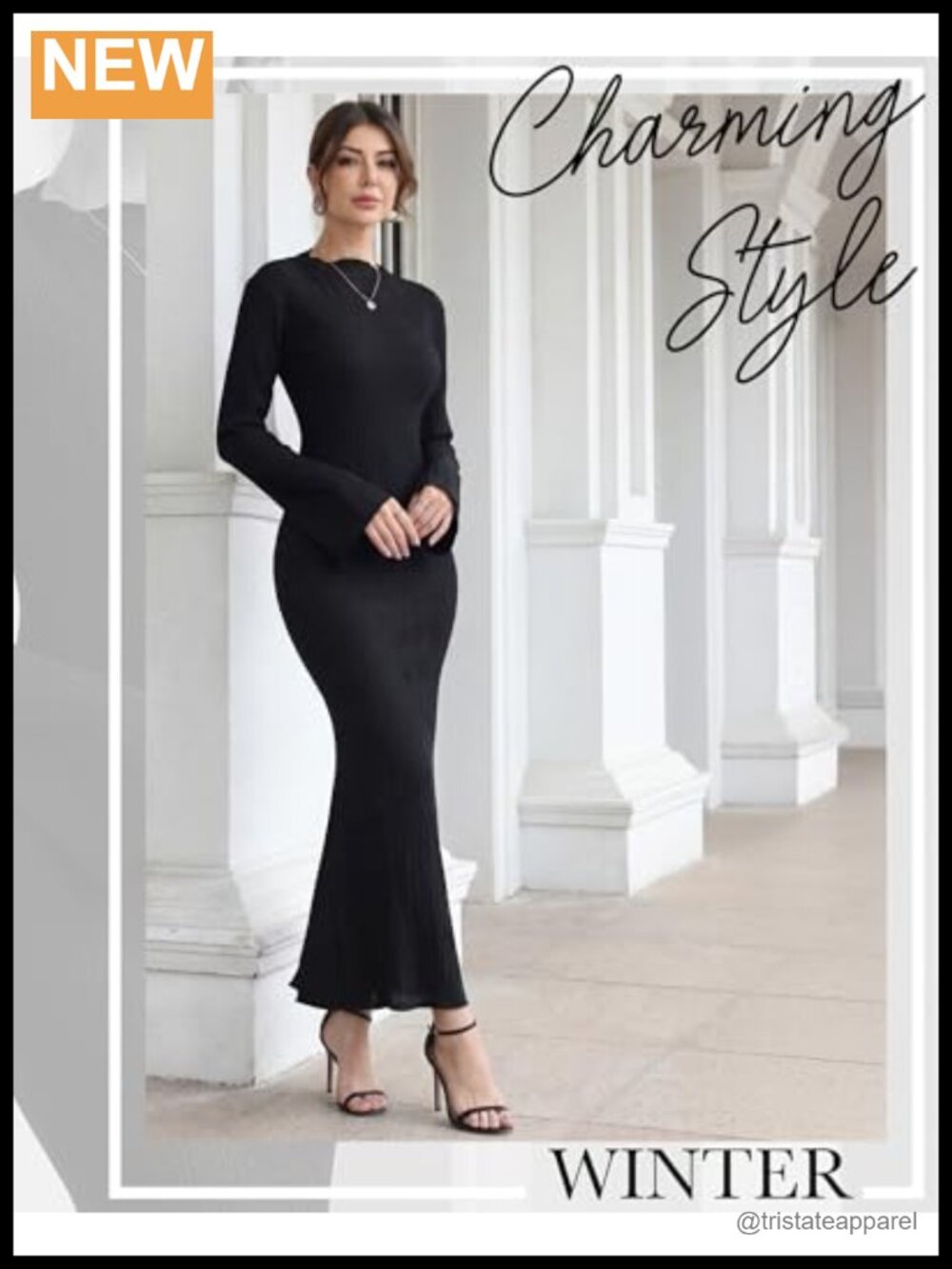 Women Long Sleeve Maxi Dress Ribbed Knit Bodycon Flare Sleeve Crew Neck Fitted - Picture 4 of 5